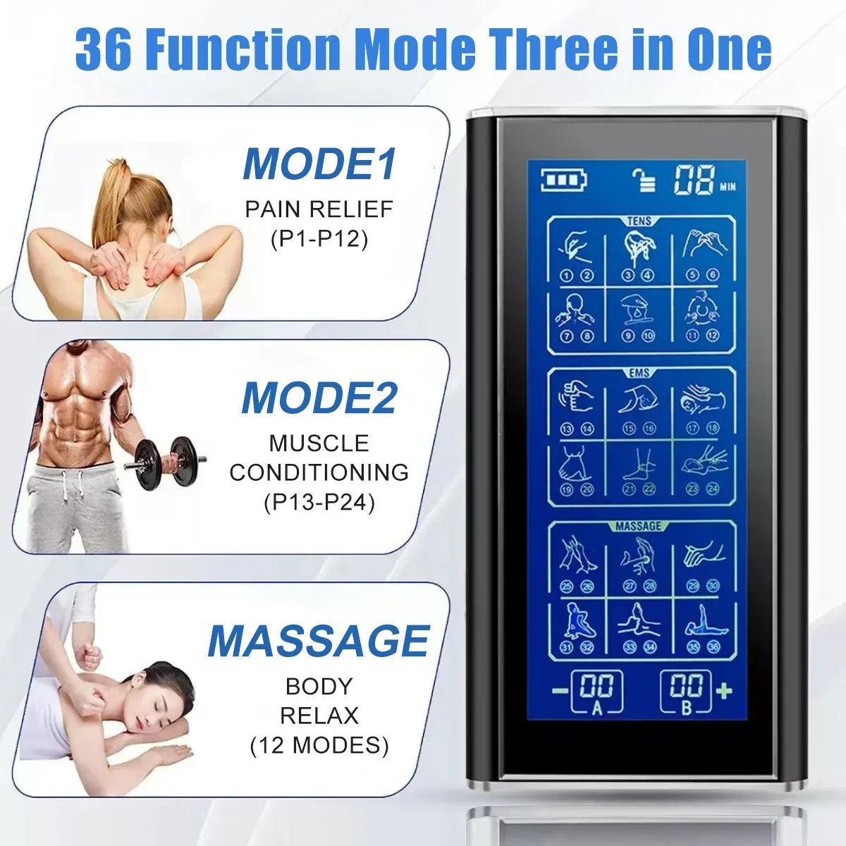 Professional Electric Body Massager 36 Modes Tens Unit EMS Muscle Electrostimulator Neck Back Foot Hand Leg Relax Pain Relief