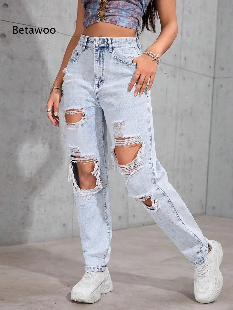 Women's High Waist Ripped Denim Jeans with Distressed Knee Holes and Straight Leg Fit for Casual Streetwear Fashion