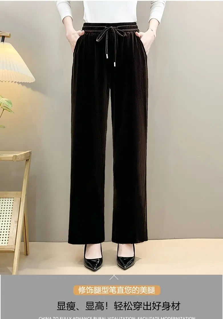 Women Drawstring High Waist Velvet Wide Leg Long Pants
