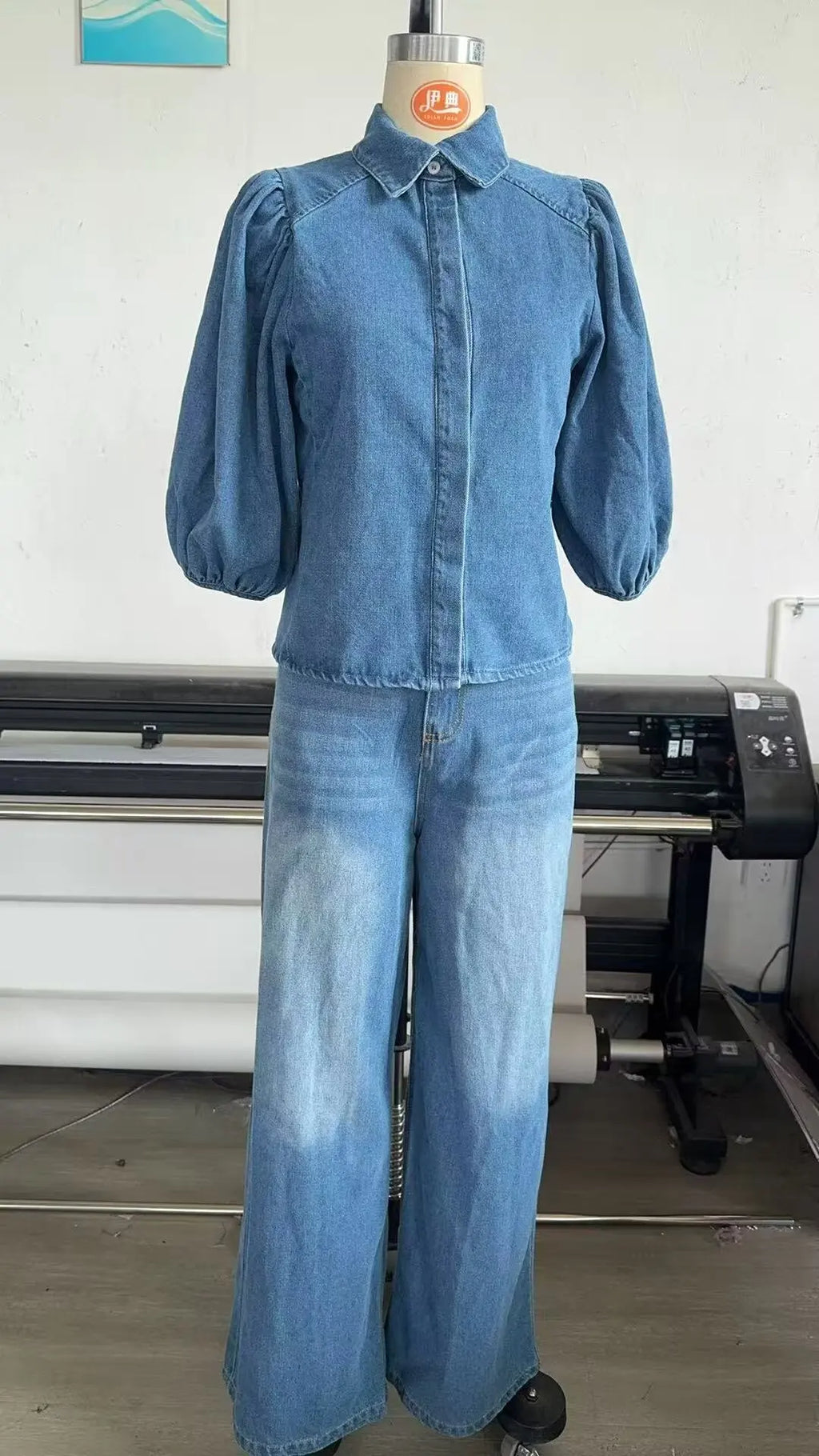 HH Women Summer New Fashion Thin Single-breasted Loose Folds Denim Shirt+High Waist Zipper Pocket Wide-leg Casual Pants Suit