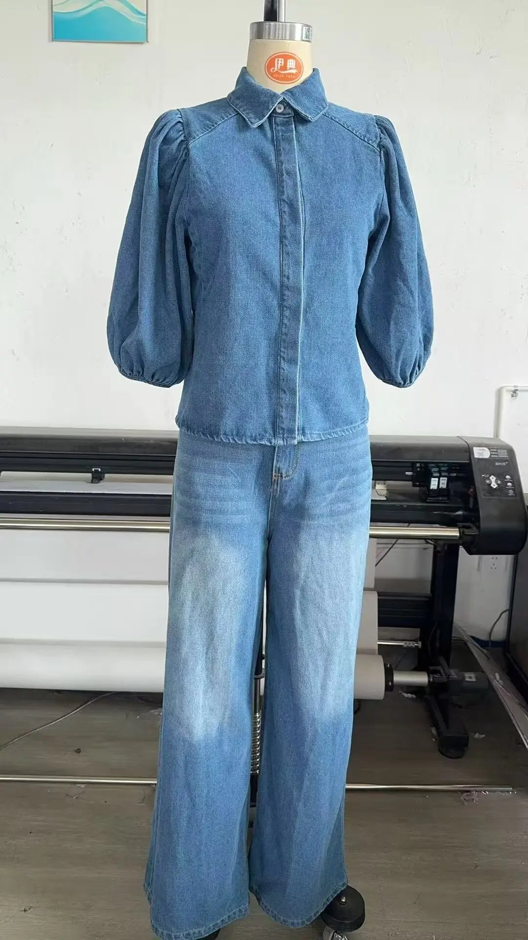 HH Women Summer New Fashion Thin Single-breasted Loose Folds Denim Shirt+High Waist Zipper Pocket Wide-leg Casual Pants Suit