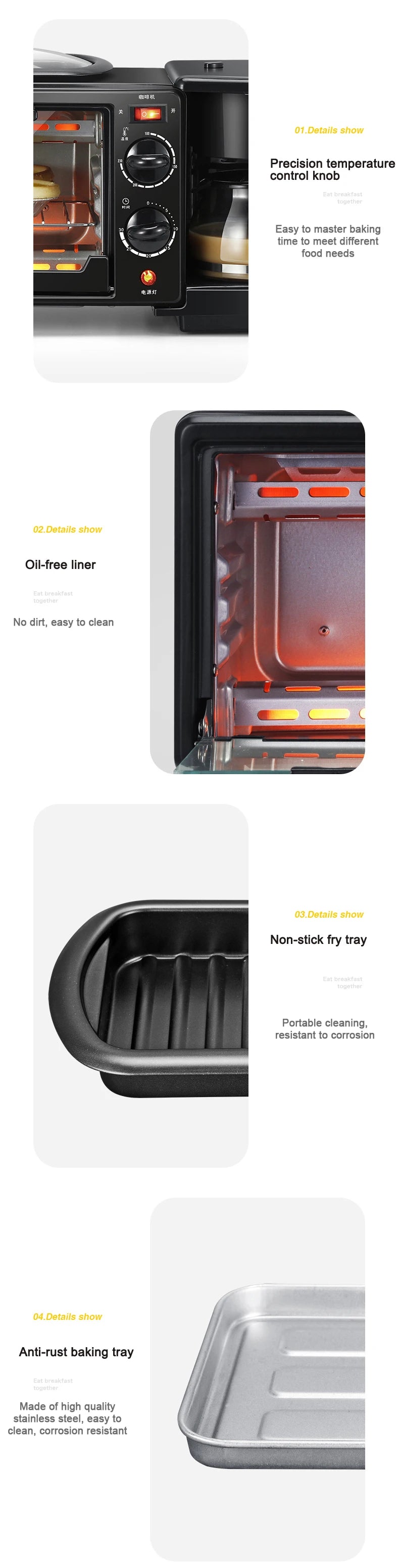 Home Use 3 In 1 Breakfast Makers Multi Function Breakfast Machine with Electric Heater 9L Toaster Oven Coffee Maker Frying Pan