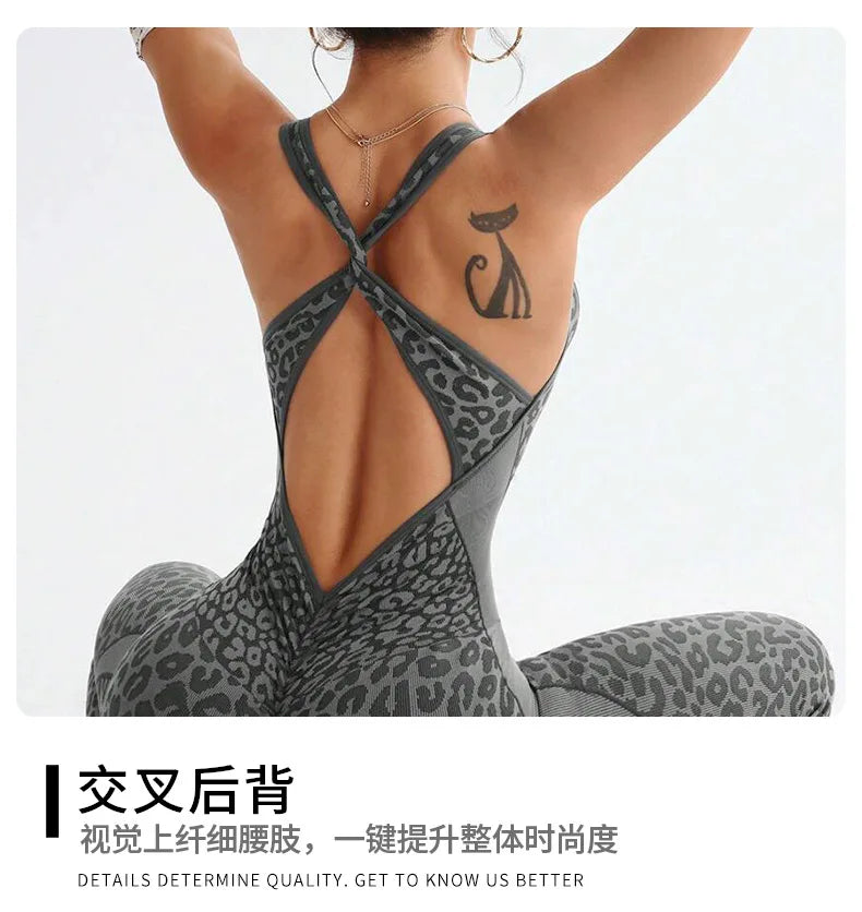 Seamless Leopard Yoga Jumpsuit with Pads Sport Clothes Bodysuit Sleeeless One-Piece Workout Clothes Gym Leggings Sportswear