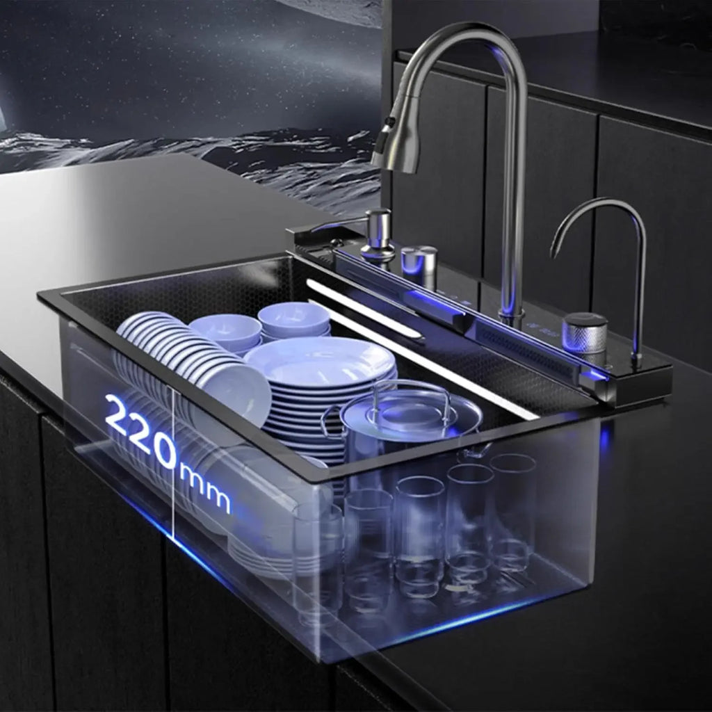 Kitchen sink double waterfall sink with LED display with cup washer, soap dispenser, waterfall mixer, worktop controller, etc. w