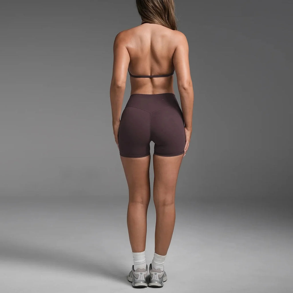 2PCS Women Yoga Set Solid Color Beautiful Back Hanging Neck Bra with Chest Pad Quick-Dry Fitness Running Shorts Yoga Set