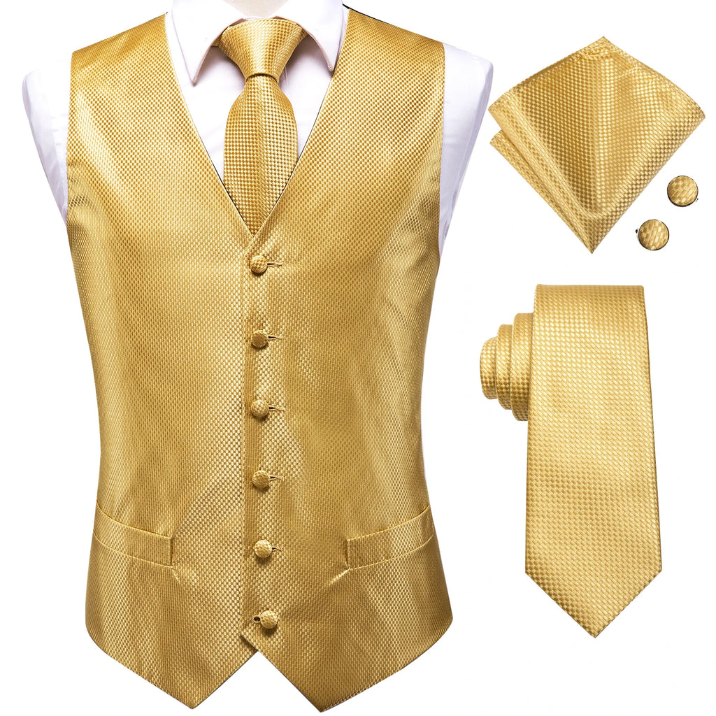 Hi-Tie Silk Mens Waistcoat Tie Set Gold Brown Orange Beige Ivory Khaki Bronze Sleeveless Jacket Suit Vest Necktie Hanky Cufflink
