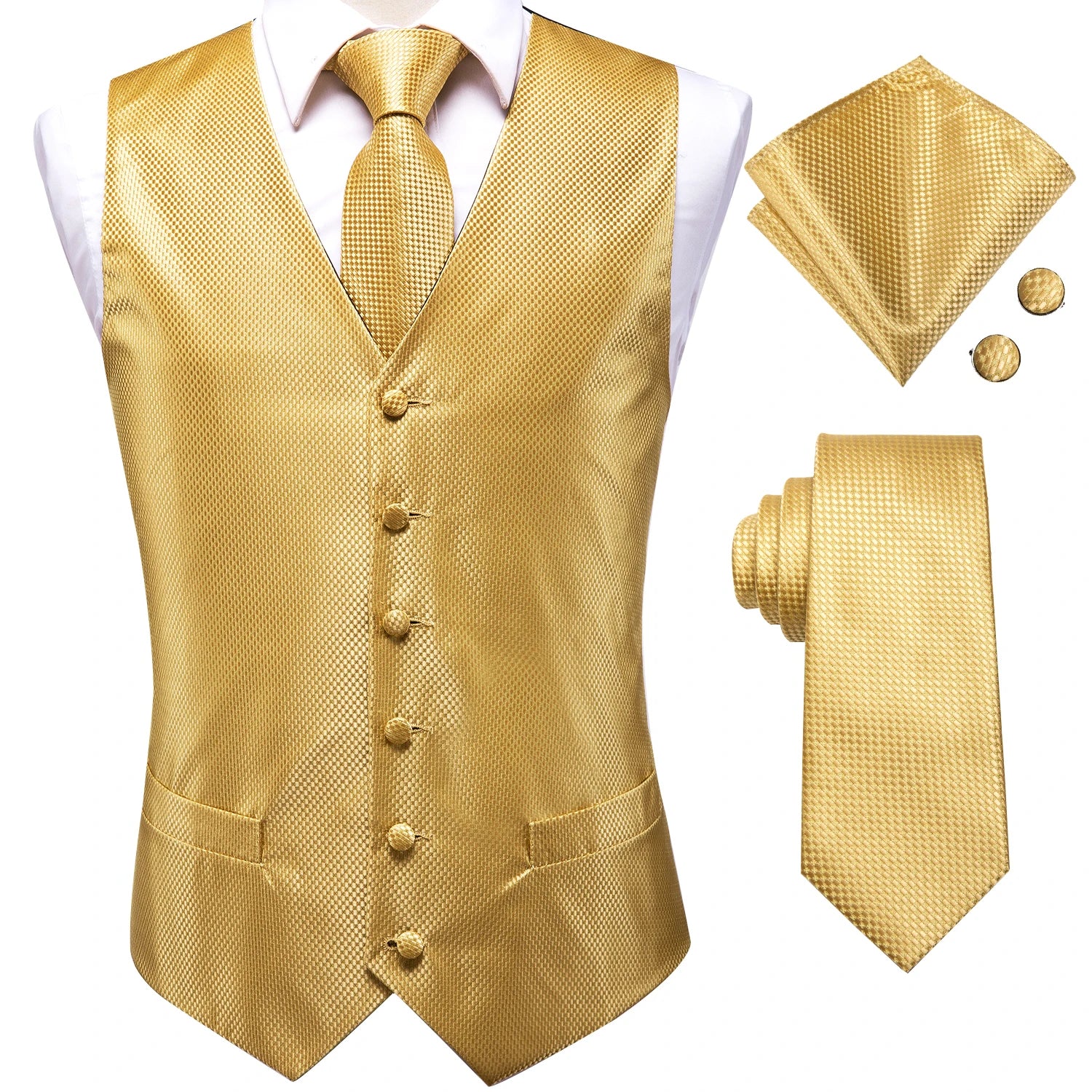 Hi-Tie Silk Mens Waistcoat Tie Set Gold Brown Orange Beige Ivory Khaki Bronze Sleeveless Jacket Suit Vest Necktie Hanky Cufflink