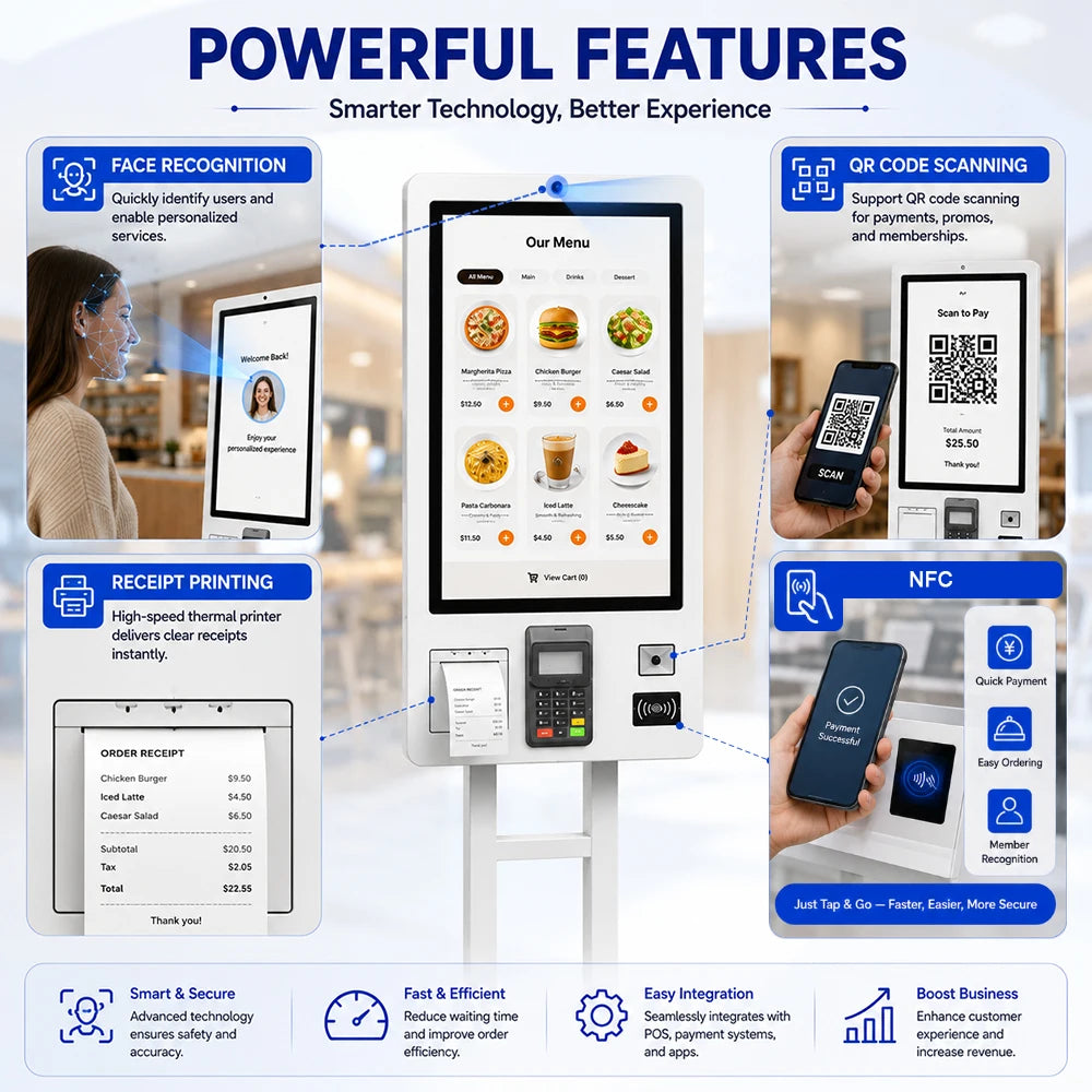 Card Reader Self-Service Restaurant Kiosk Digital Ordering Kiosk Fast Food Payment Kiosk With Camera and 80mm Printer
