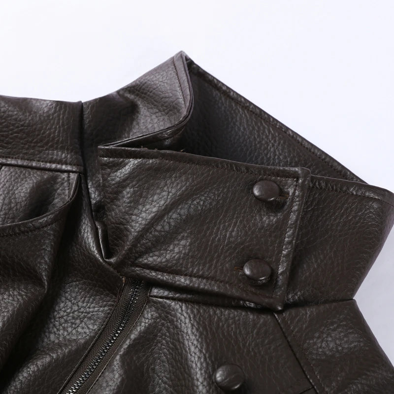 High Street Leather Jackets Women's Casual Double-breasted Turn Down Collar Loose Coats Elastic Waist 2026 Autumn New Outwear