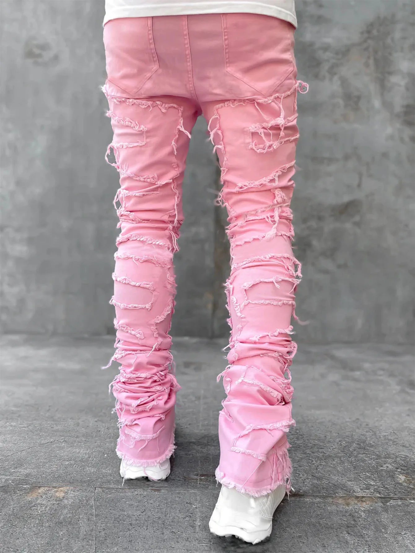 2026 New Men's Denim Straight-Leg Pants, European and American Street Fashion Ins Stretch Patch Denim Straight-Leg Pants