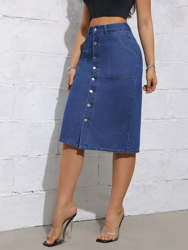 Women High Waist Stretchy Denim Pencil Skirt Midi Length Knee-Length Slit Bodycon Flattering Casual Daily Streetwear