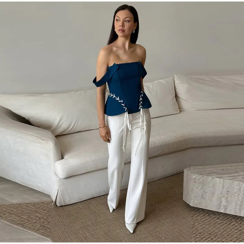 Elegant Off Shoulder Blue Tube Top Women's Contrast Lace Up Waist Cinched Corset Tops 2026 Summer New Lady Fashion Streetwear