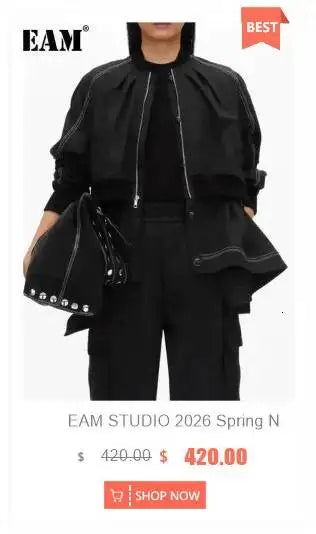 EAM Japanese Style Turn-Down Collar Double Breasted High-Low Hem Cropped Trench Coat Women's Jacket 2026 Autumn New