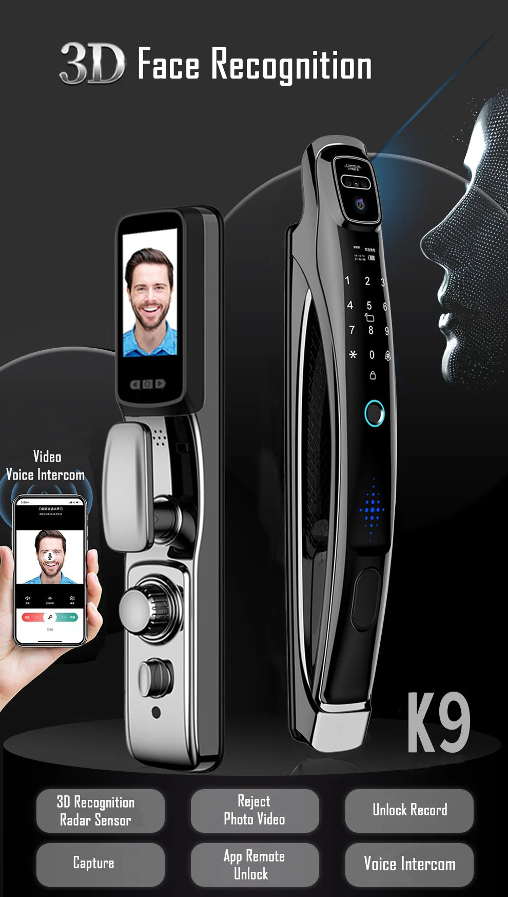Wifi Tuya APP Face Recognition Smart Door Lock With Camera Video Call Voice Intercom Digital Door Lock Automatic Door Lock