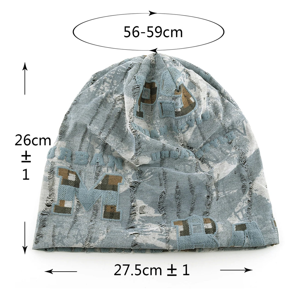 Vintage Distressed Tie-dye Beanie Women Foam 3D Letter Printing Hats Men Spring Fall Skullies Beanies Winter Warm Fleece-lined