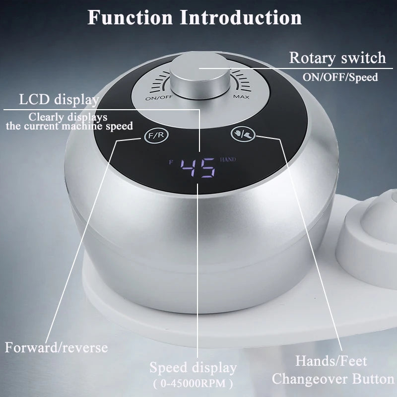 45000RPM Professional Manicure Drill Machine Electric Nail Lathe Sander File for Gel Nails Polishing Home Manicure Salon Tools