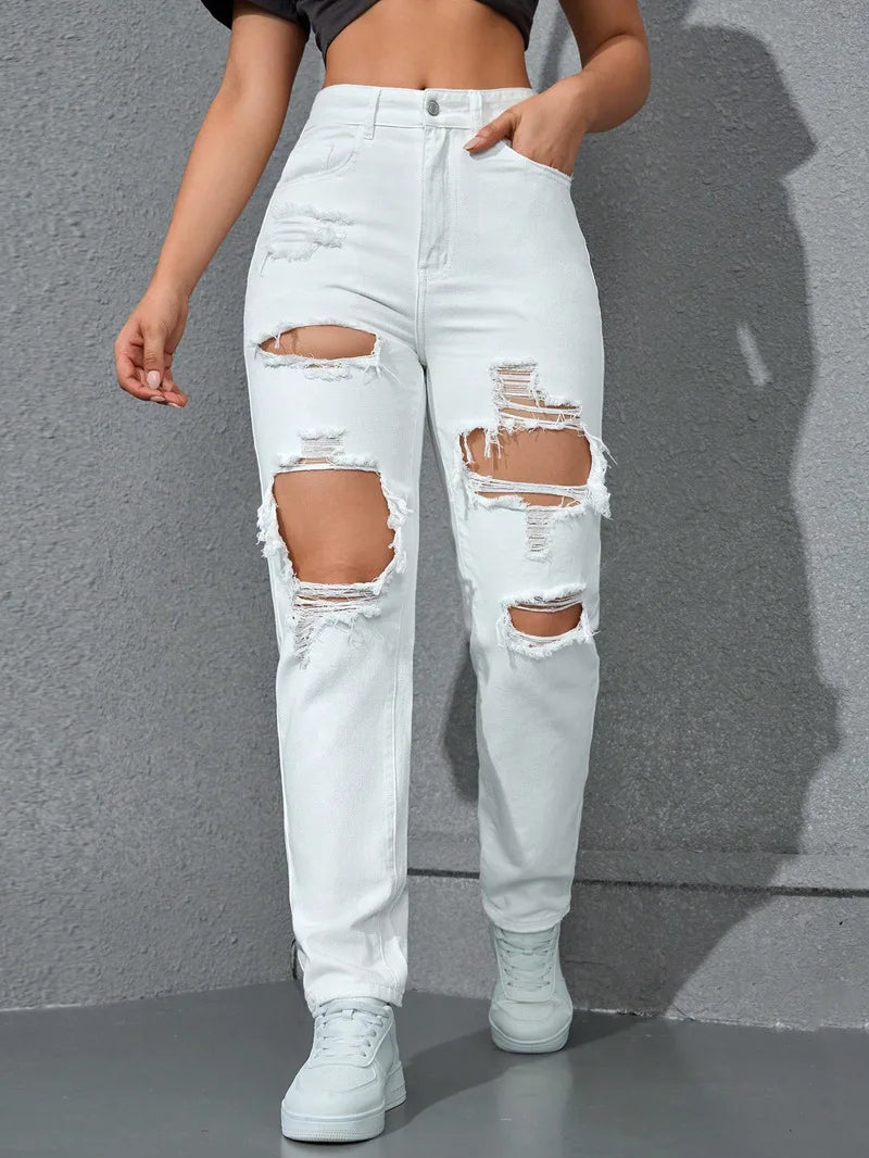 Women's High Waist Ripped Denim Jeans with Distressed Knee Holes and Straight Leg Fit for Casual Streetwear Fashion