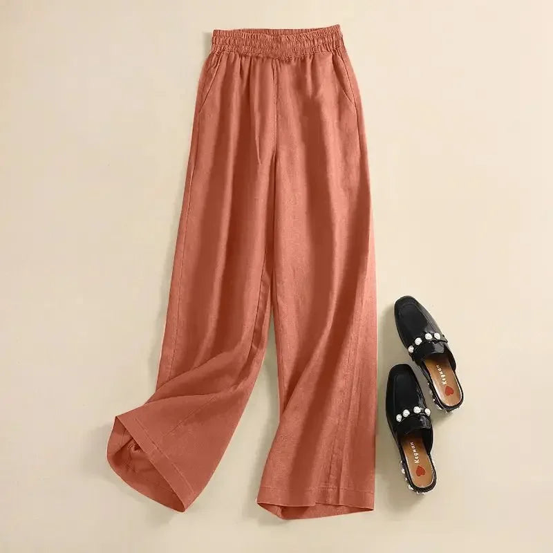 Women's Pants Summer Cotton Linen Wide-legged Elastic Waist Tie Casual Pants Loose Versatile High-waisted Straight Trousers