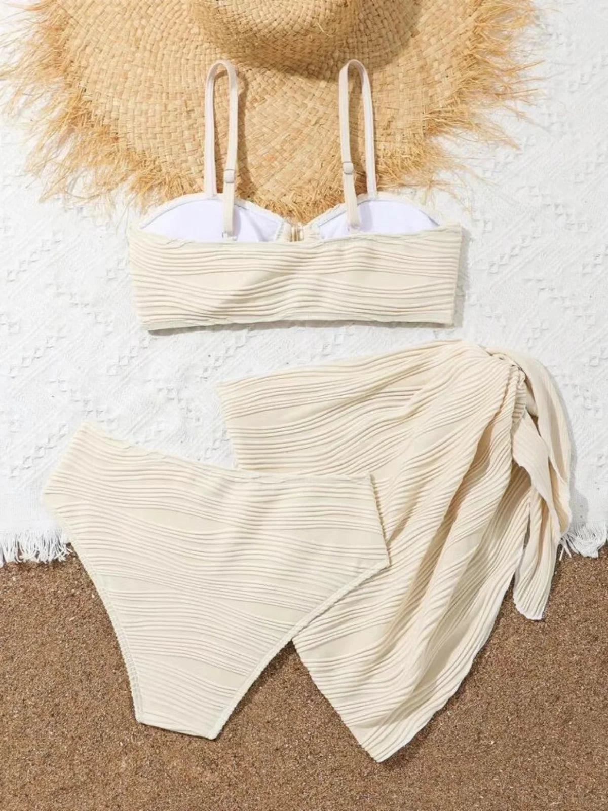 Sexy Black Beige Mesh Skirt 3 Piece Bikini Set 2027 Women Summer Metal U Wire Push Up Swimwear Bathing Suit Holiday Swimsuit