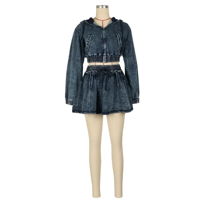 Streetwear Denim 2 Piece Sets Women Outfits Autumn Clothes Women Long Sleeve Hooded Crop Top Pleated Skirts Sets Jean Dress Sets