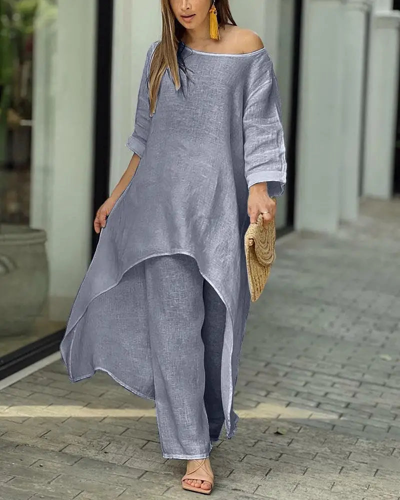 2025 Loose New In Matching Sets Two Piece Outfit 2 Pieces Set For Woman Solid Color Irregular Hem Long Sleeves Wide Legs Trouser