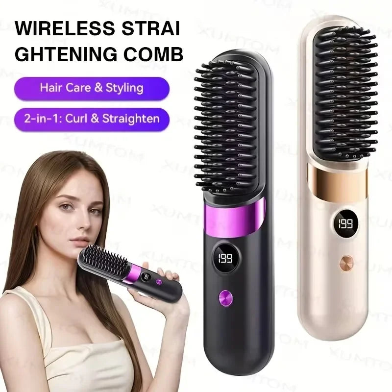 Portable Mini 2-in-1 Hair Straightener and Curler, Wireless USB Rechargeable, For Home & Travel Use, With LCD Display
