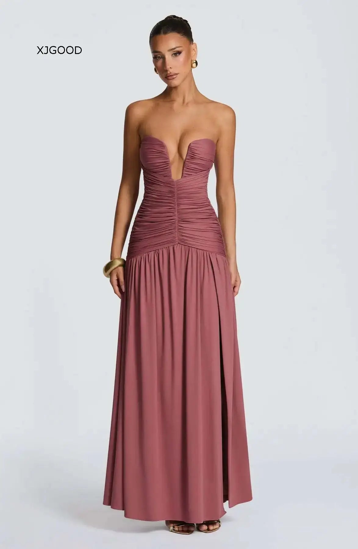 Women's Strapless Pleated High Slit Long Skirt Sexy Pure Color mid Waist Polyester Fiber V-neck Sleeveless Slim Fit Dress