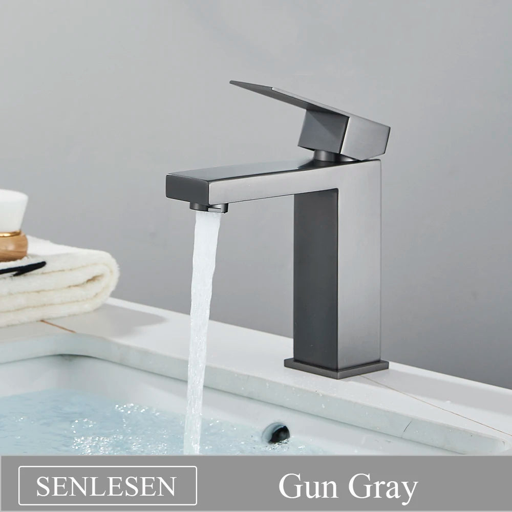 Senlesen Brushed Gold Bathroom Faucet Basin Faucets Deck Mounted Sink Mixer Tap Stainless Steel Countertop Hot Cold Water Crane