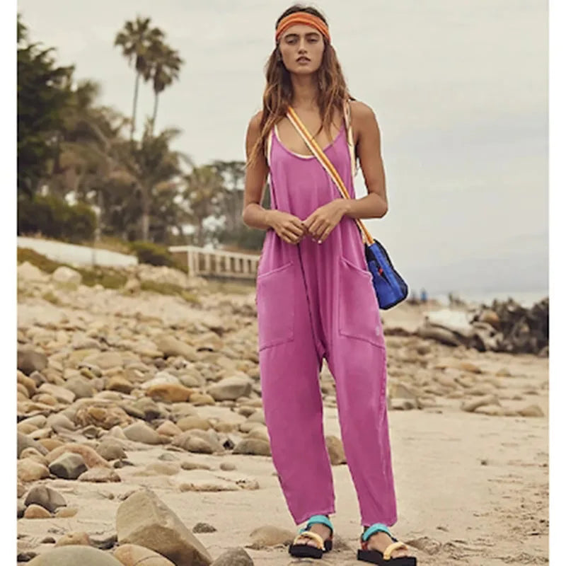 Women Casual Spaghetti Strap Sleeveless Jumpsuit Vintage Harajuku Wide Leg Loose Pants Summer Solid Oversize Overalls Rompers