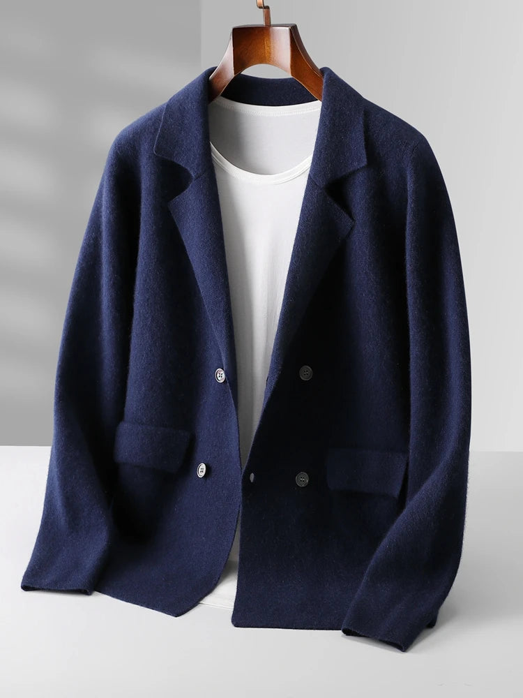 100% Merino Wool Sweater Men's Suit Collar Cardigan Smart Casual Knitwear Autumn Winter Cashmere Solid Coat Pockets Clothing Top
