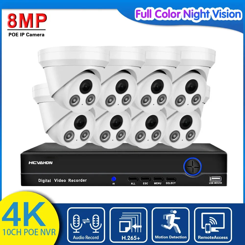 4K POE CCTV Camera Security System Kit Dome Outdoor Waterproof Color Night Vision IP Camera Video Surveillance System Kit 10CH