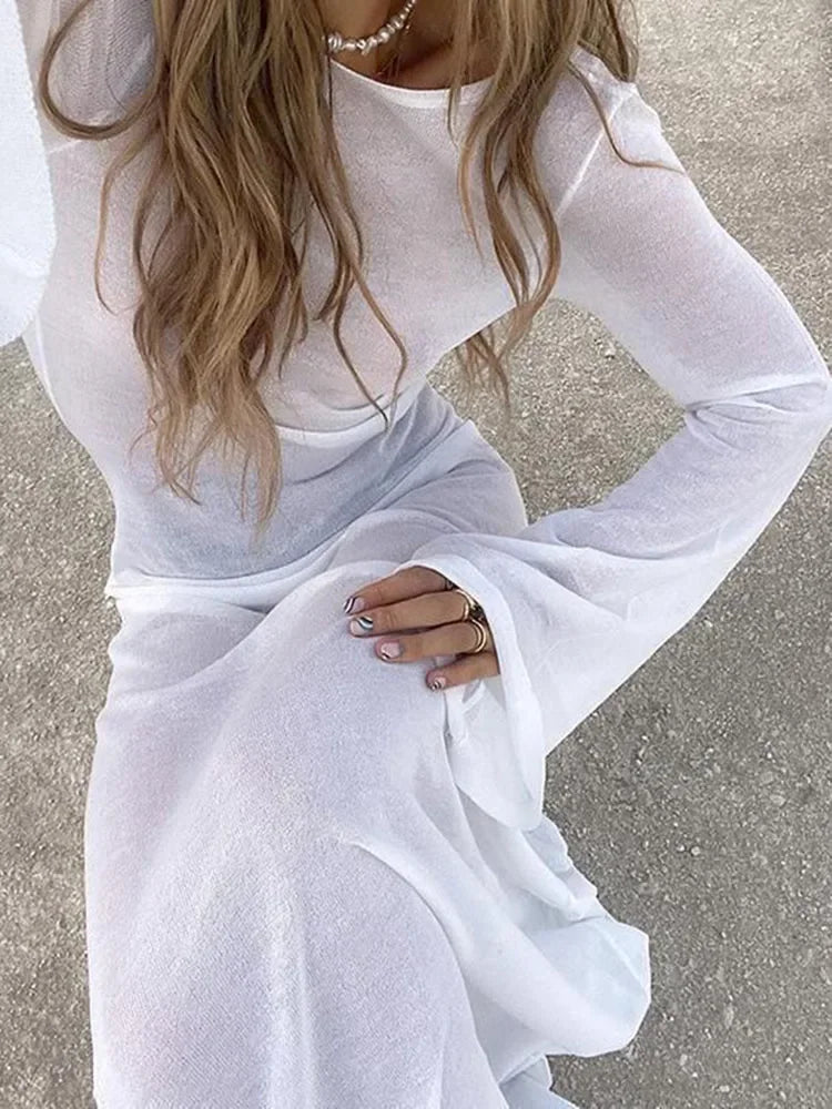 White Backless See-through Long Dress Women's Summer Slim High Waist Spliced Long Sleeve Solid Color Beach Long Dress