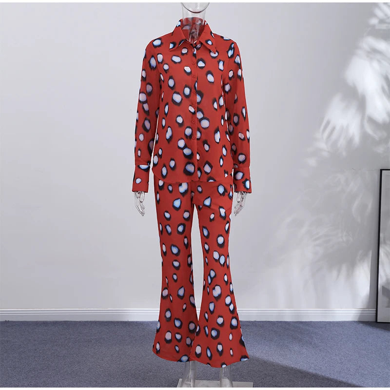 Beach Vacation Printed Shirt Pant Set Women Red See Through Lapel Full Sleeve Button Shirts Pants Suit 2026 Summer Casual Outfit