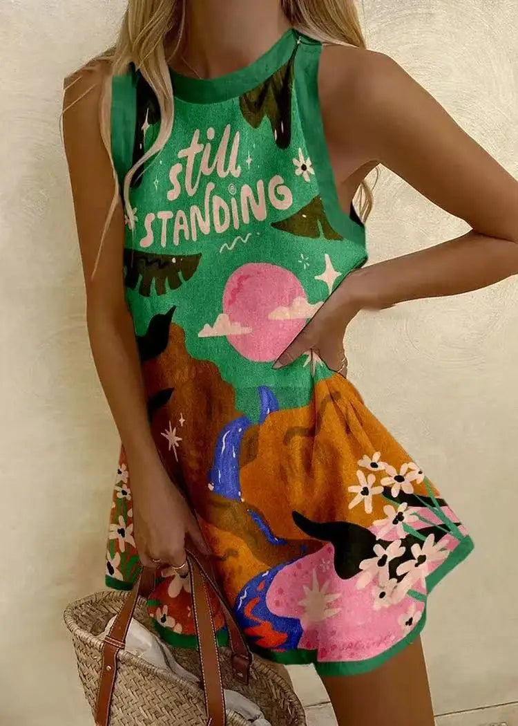 Fashionable Printed Shirt Skirt Sexy Sleeveless Spring Summer New Item Round Neck Women's Sports Shirt Casual Loose Dress