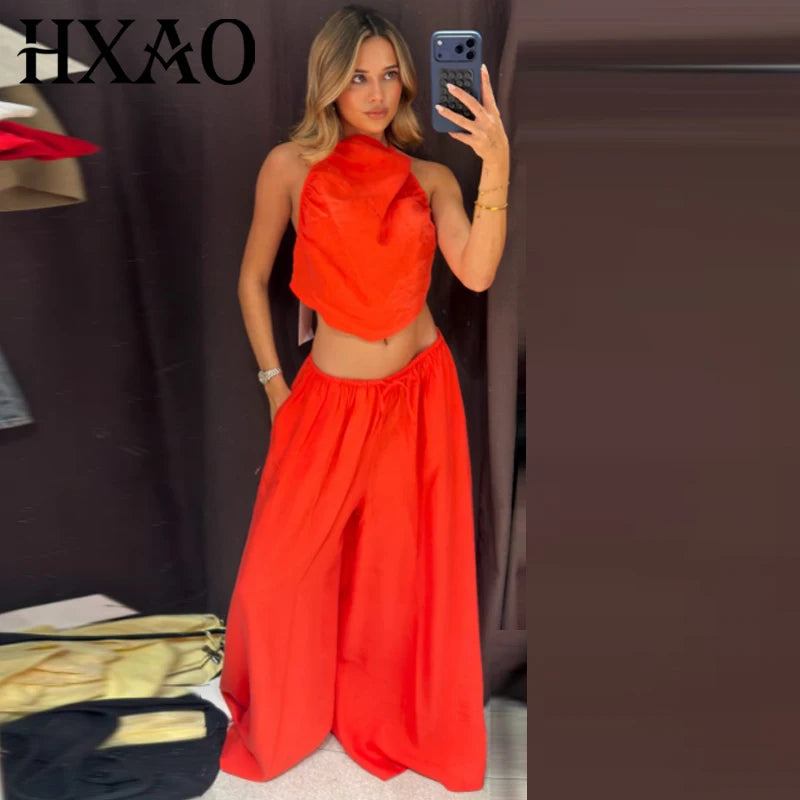 HXAO Red Ruffled Pants Sets Women's Suit Halter Crop Backless Sleeveless Top 2 Piece Set Chic High Waist Baggy Trousers Outfits