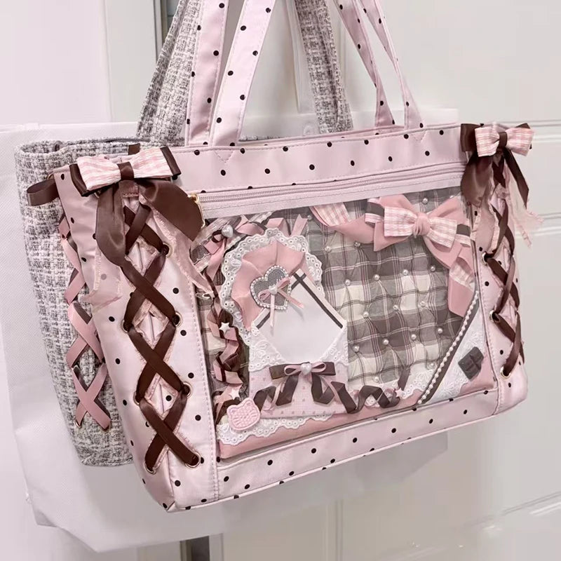 Japanese Polka Dot Shoulder Bag, Sweet Cute Large-capacity Ita Bag, Bow Lace Tie Design Handbag Fashion Lightweight Laptop Bag