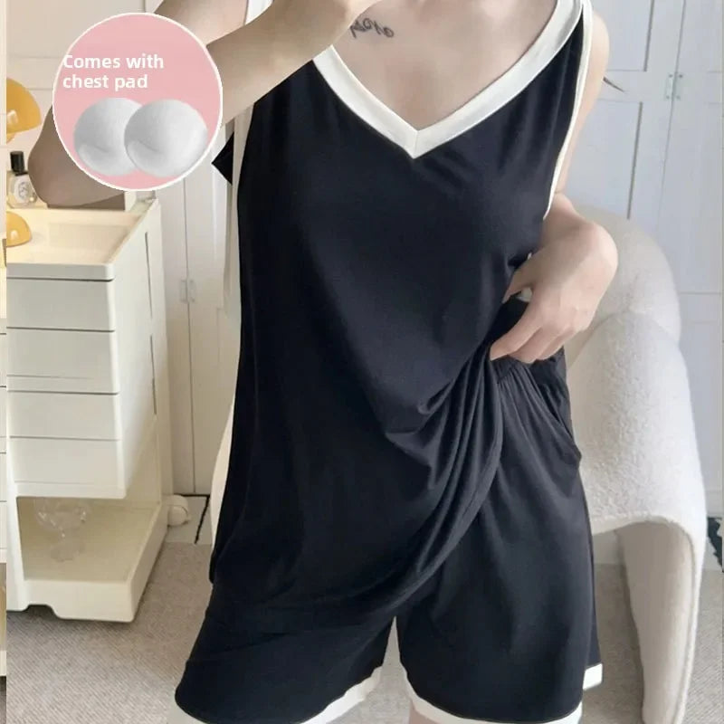 Women Sleeveless Summer Casual 2/pce Set Girls Spaghetti Strap Vest Shorts Outfit Lady Color Blocked Bra Pad Fashion Loungewear