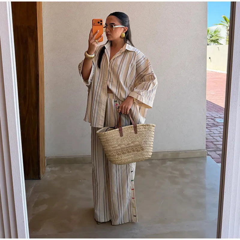 Loose Striped Contrast Wide Leg Pants Set Women Oversized Lapel Single Breasted Shirt Trousers 2026 Summer Lady Casual Outfits