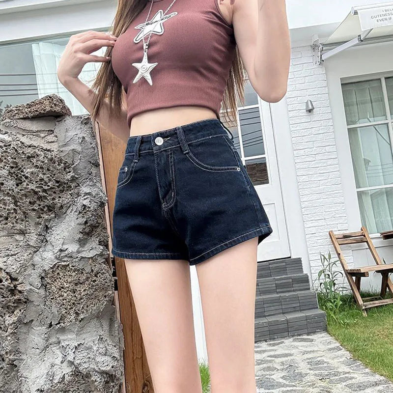 Casual Denim Shorts Women Summer Slim Fit High Waisted Pockets Hot Mini Pants Female Deep Blue Versatile Slimming Short Jeans