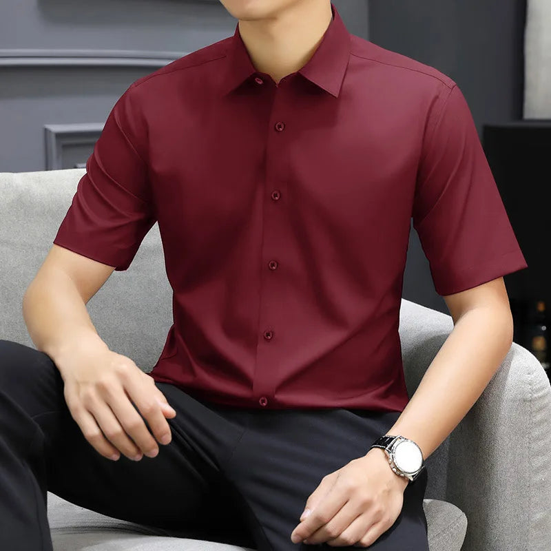 Casual Light Blue Short Sleeve Button Up Shirt for Men Versatile Collared Dress Shirt for Spring & Summer