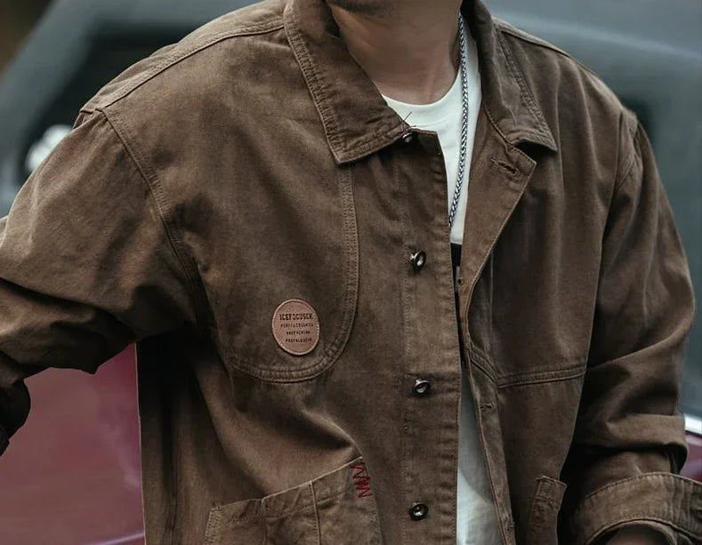 Men's Denim Jacket Vintage Brown Male Jean Coats Cargo Designer Washed Clothing Winter 2025 Korean Style Elatic Original Cowboy
