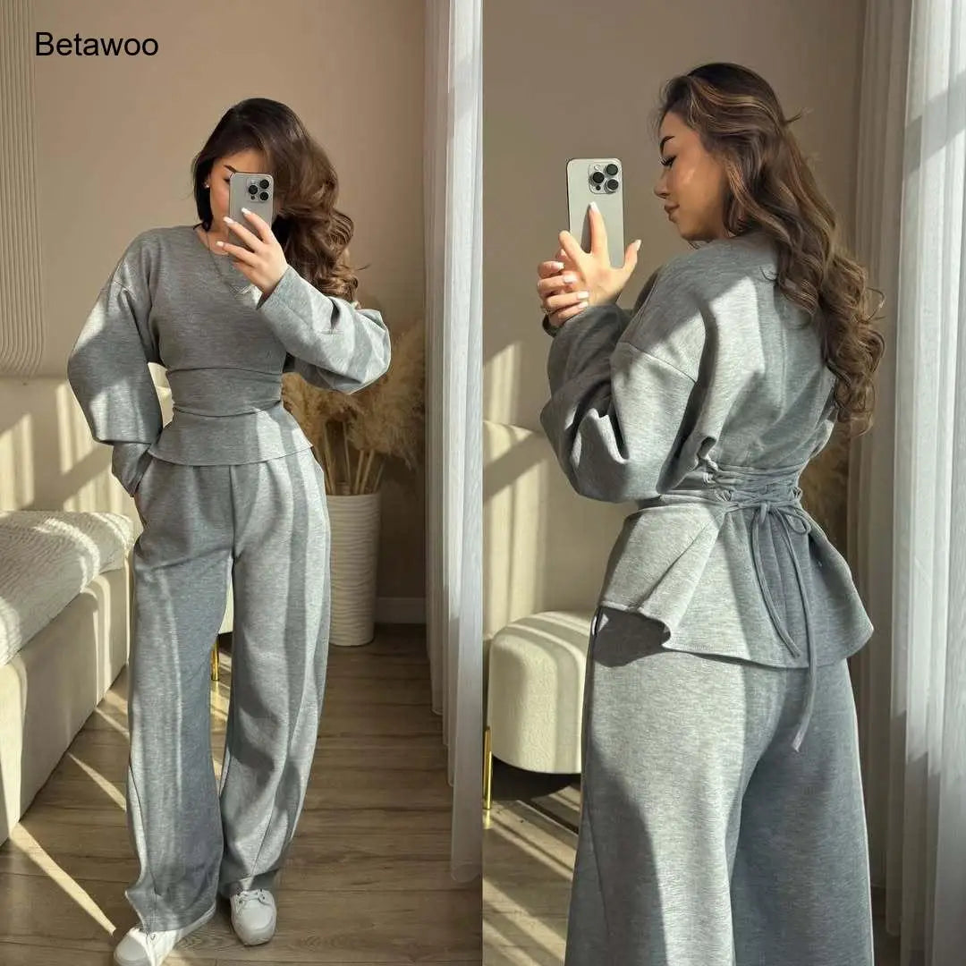 Women's 2 Piece Long Sleeve Top and Wide Leg Pants Set Casual Solid Color Pullover Sweatshirt and Trousers Lounge Wear Outfit