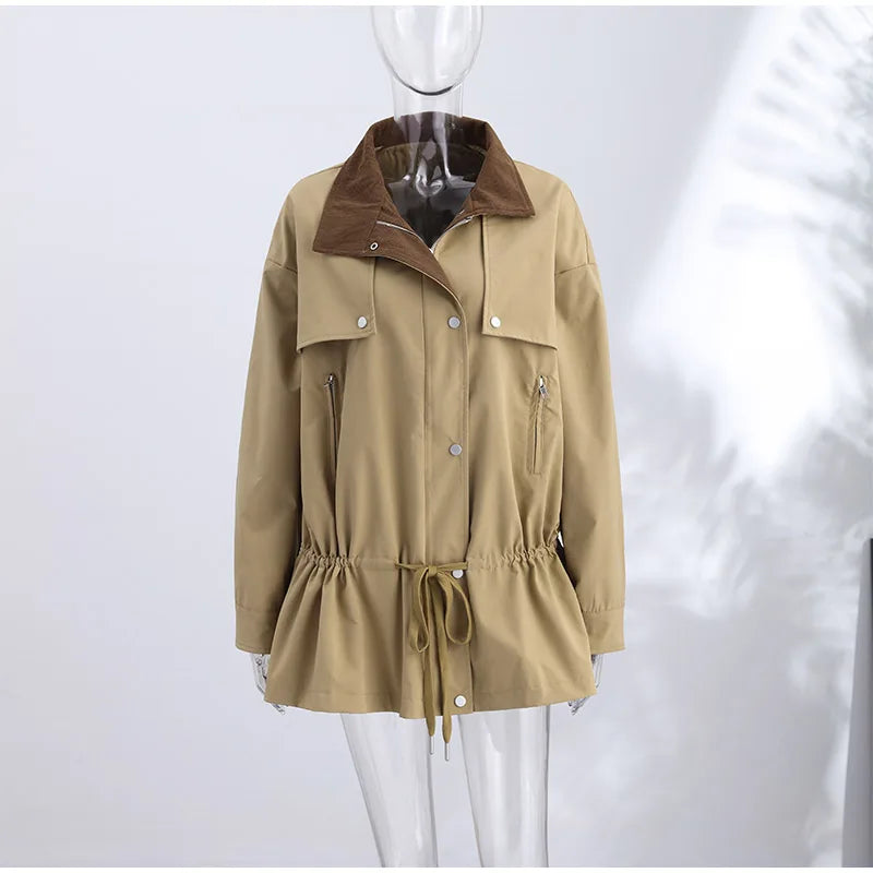 Lapel Women's Outerwear Waist Cinching Belted Jacket Drop Shoulder Cropped Cargo Trench Coat Meilaid Style Daily Fashion Wear