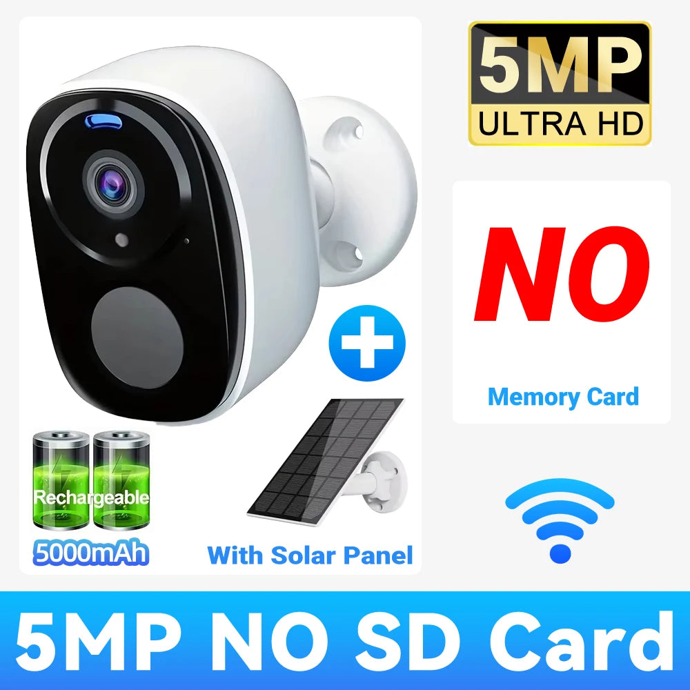 2K 5MP Solar Security Camera Wireless Outdoor Color Night Vision Battery Powered Support 2.4G WiFi, PIR, Waterproof, 2-Way Alexa