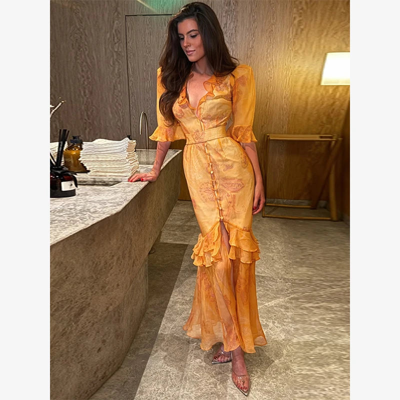 Women Chic V-neck Belte Slit Flower Print Maxi Dress Ruffle Trim High Chiffon Dresses 2026 Summer Fashion Party Vacation Robe
