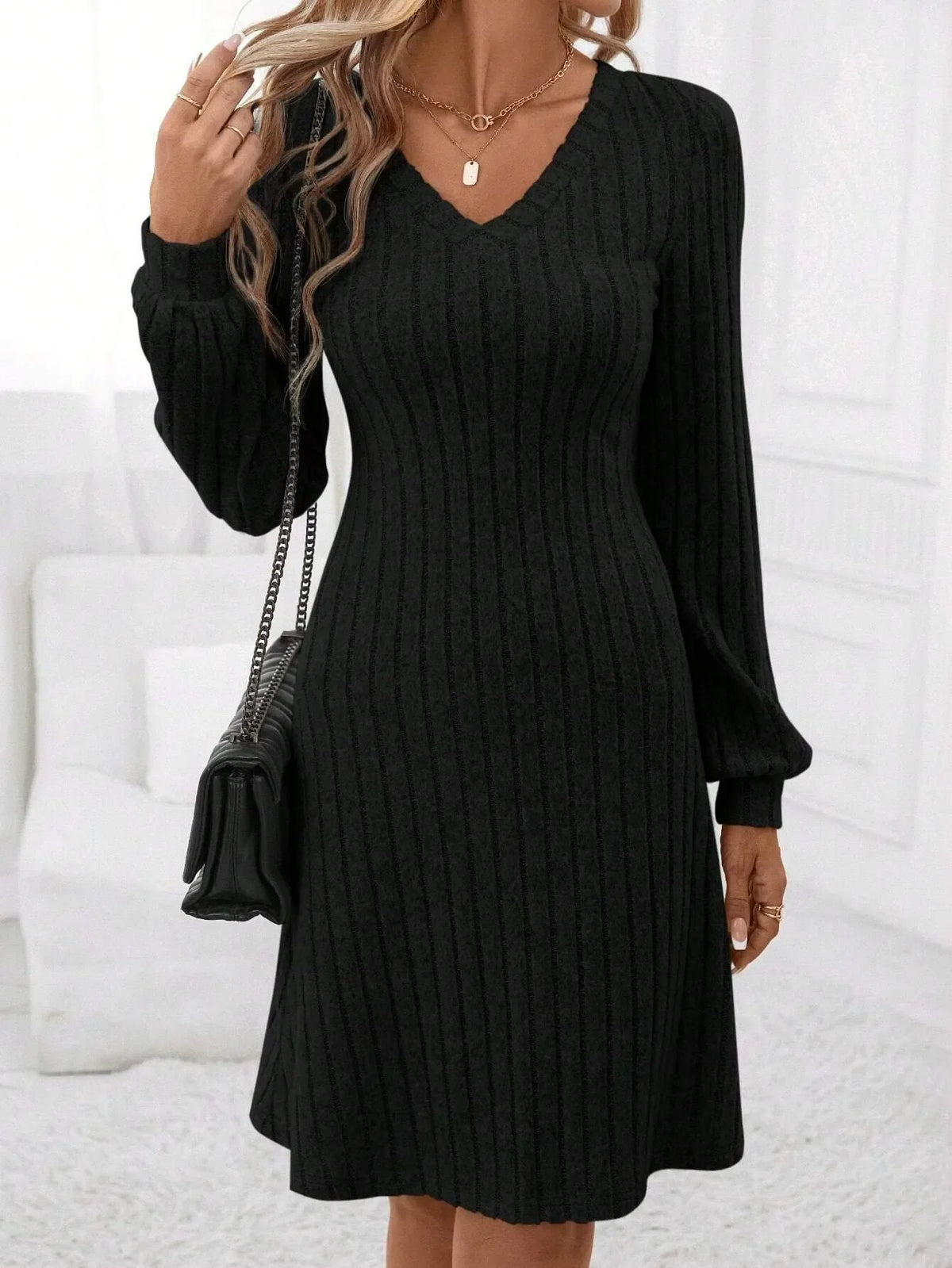 Women's Casual V Neck Pullover Mid Length Brushed Solid Color Mid Waist Ribbed Knit Dress for Women Woman Clothing Clothes