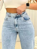 Straight Pants Jeans Women Denims Trousers Washed Distressed 2025 Streetwear Pockets High Waist Vintage Female Floor Length