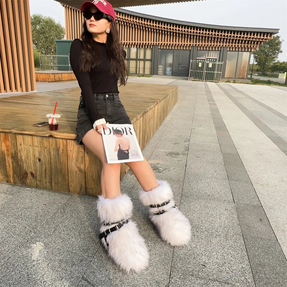Winter Fur New Design Onepiece Raccoon FurFemale Snow Boots Fur shoes OutdoorMid Leg Boots y2k Cool Pink Girl