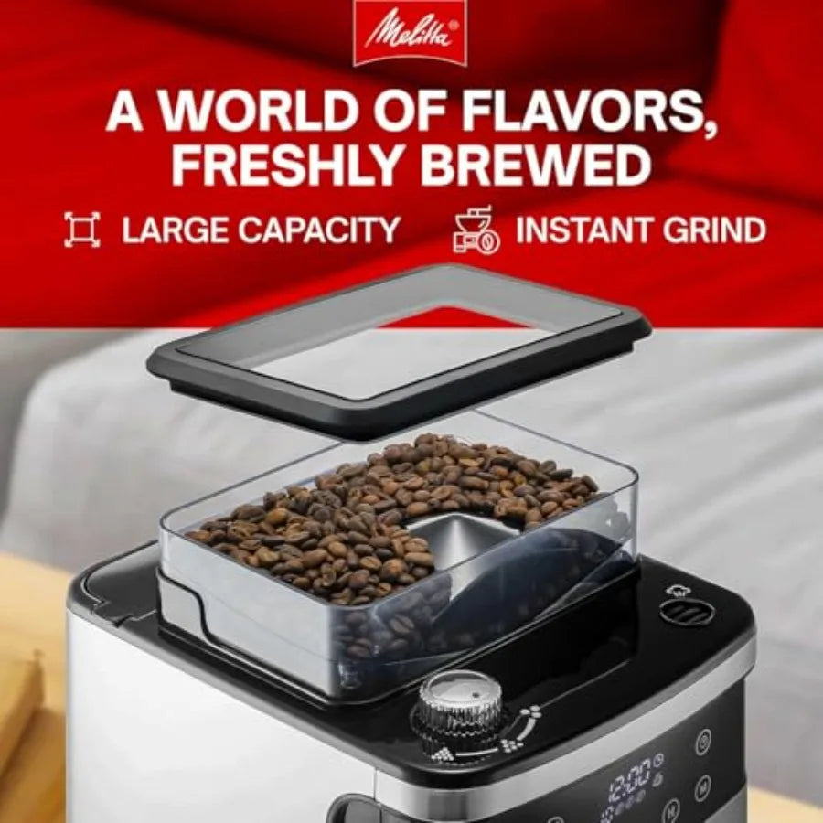10-Cup Automatic Drip Coffee Maker with Built-in Burr Grinder Programmable 5-Pack Filters Included Stainless Steel Finish Keeps