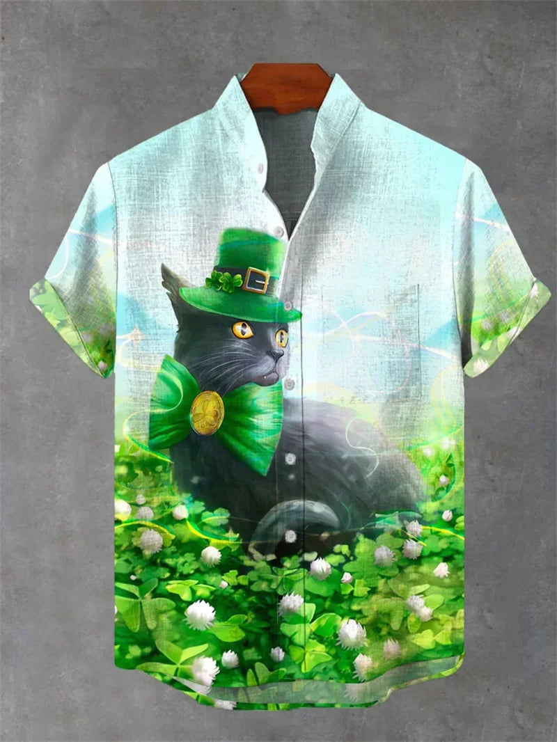 2025 New Men's Shirt With 3D Printed Cat Casual Short Sleeved Top, Fashionable Lapel Button Up Shirt Made Of Linen